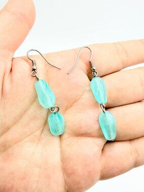 Vintage Aqua Blue Glass Bead Dangle Earrings – Double Drop Hook Style